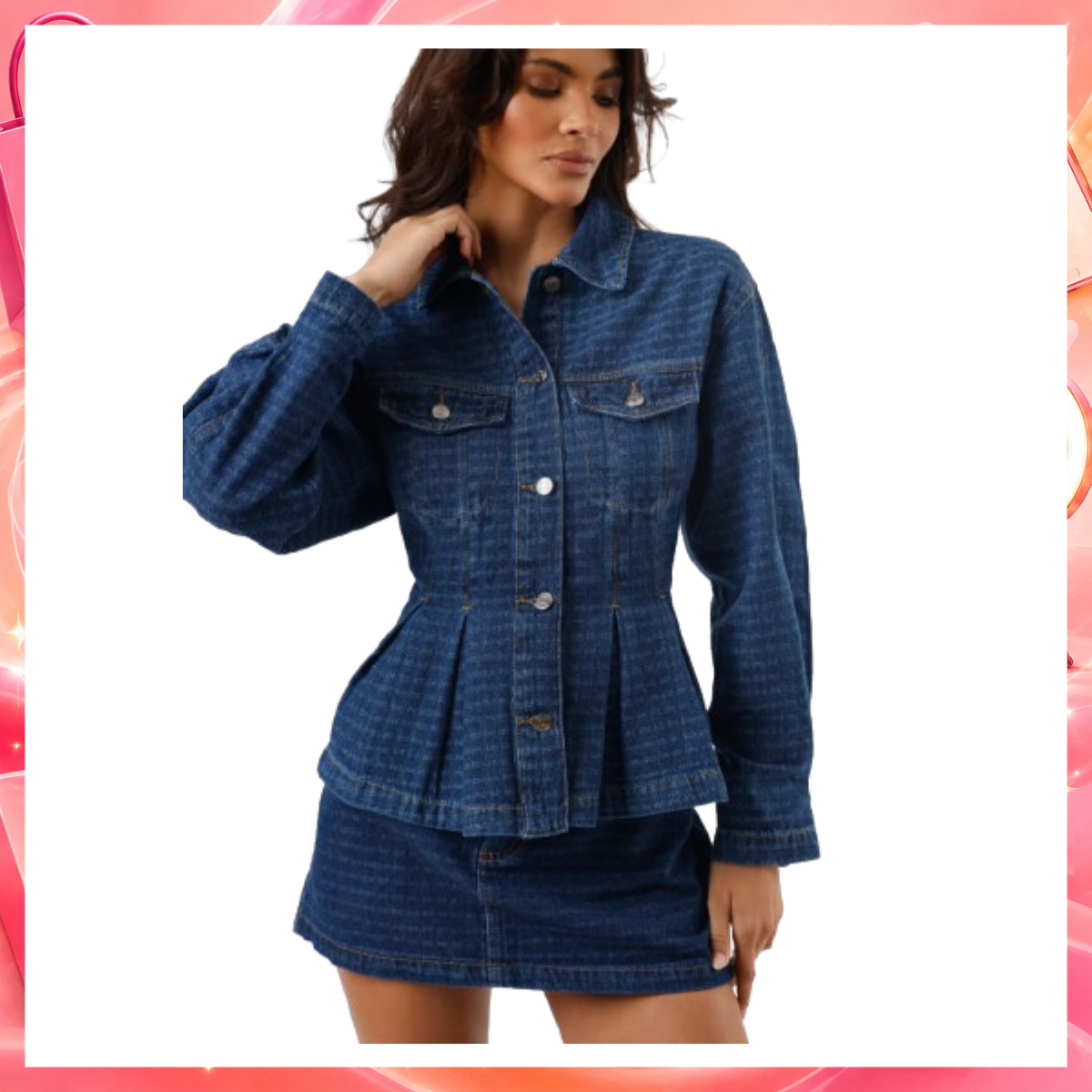Jaqueta peplum feminina jeans com pregas xadrez azul