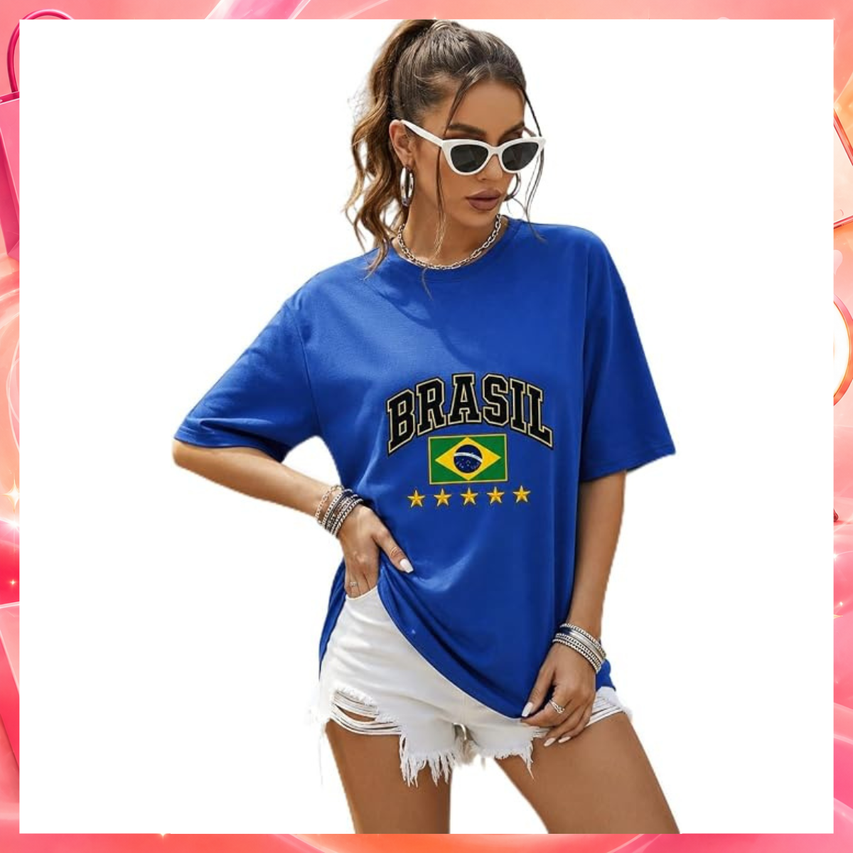 Camiseta Oversized Feminina Estampa Bandeira Brasil Copa Hexa Blusa Futebol Confortável Moda Casual Fashion (BR, Alfa, M, Regular, AZUL ROYAL)